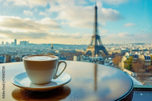 A cup of coffee on a table with a view of the Eiffel Tower in the background. © Suwanlee