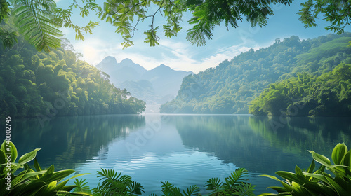 In these nature scenes, a serene lake is embraced by lush foliage under clear skies, creating a picturesque landscape.