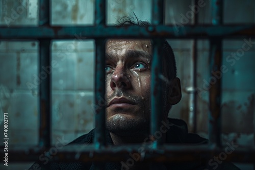 Tearful male prisoner with a solemn expression, looking out from behind rusty prison bars with a glimmer of light on his face photo