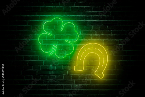 Celebrate Saint Patrick's Day with a vibrant neon sign shining brightly against a dark brick wall, adding a festive touch to the atmosphere.