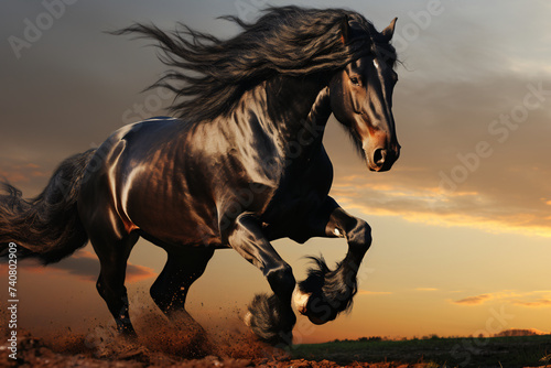 black friesian stallion galloping at sunset