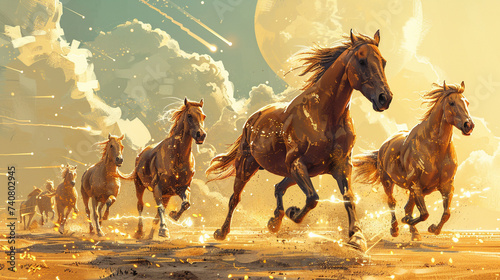 A herd of digital horses galloping across a landscape made of rising and falling crypto charts
