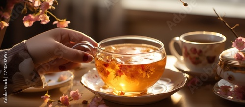 close up of woman's hand pouring tea for boyfriend in cup, winter concept