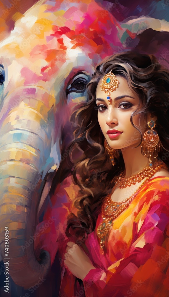 Fototapeta premium Elegant Woman In Red Dress with Colorful Elephant Illustration