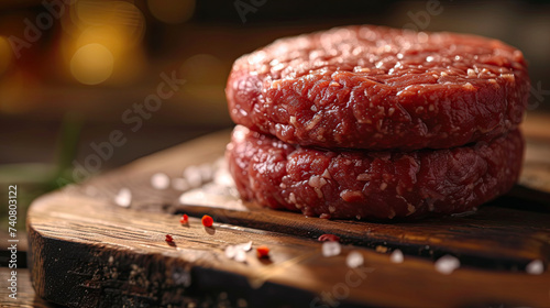 close up raw beef patty on a wooden board photo