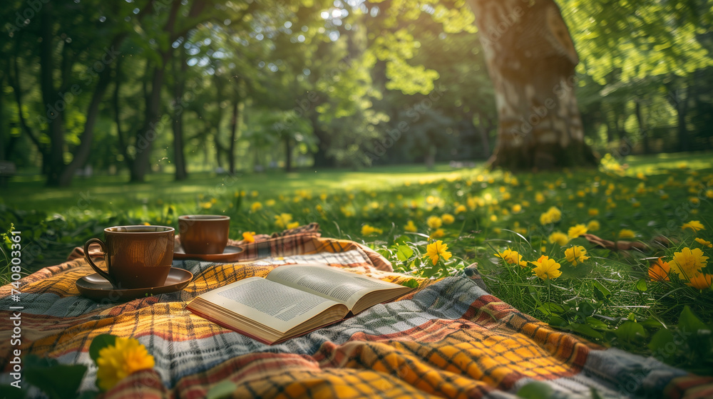 An open book and two cups of coffee on a checkered blanket surrounded by dandelions in a sunlit park. A book and a picnic.