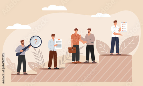 Vector illustration on onboarding concept. The concept of employee adaptation to a new job. The HR manager hires an employee or employees for a job. Talent attraction illustration.