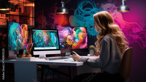 A young woman draws colored graphics behind computer monitors in the workplace. An artist, creative Graphic designer, Retoucher is engaged in his favorite work, Hobby.