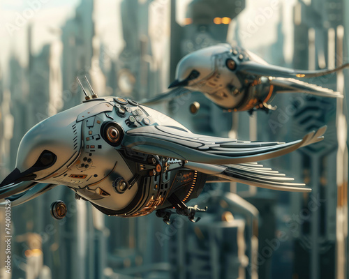 Mechanical birds in flight captured in 3D against a backdrop of futuristic skylines symbolizing freedom and innovation