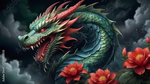 Mystical Green Dragon Amidst Blooming Red Flowers Under Stormy Sky © Ravindu