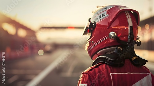 formula one racing driver before start of competition on track. Banner with copy space 