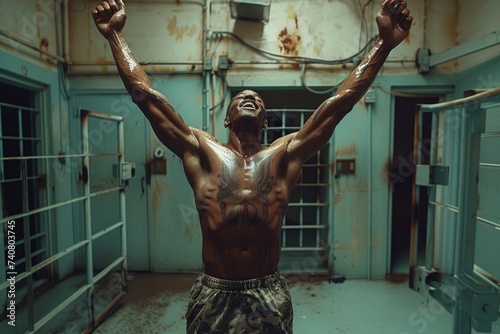 Muscular black prisoner with a tattoo on his chest in a prison cell, raising his arms in a triumphant gesture, as if dancing