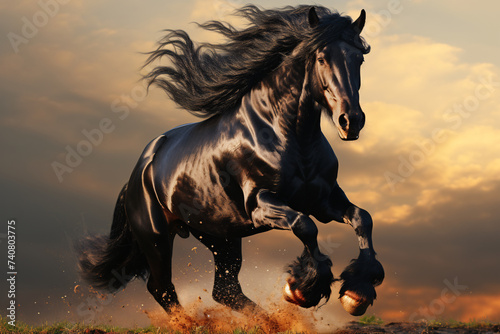 black friesian stallion galloping at sunset