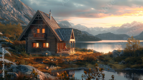 A hyperrealistic image of a wooden house with a triangular roof and a porch. The house is located on a hillside with a view of the mountains and the lake. photo