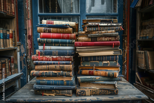 Stack of Old Books sitting on top of a wooden table, in the style of red and indigo.