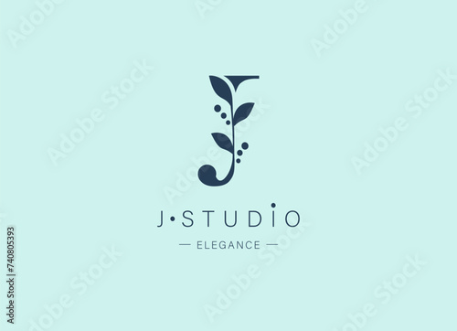 Logo, capital letter J. Monogram of Botanical Minimalistic, Initial. with Organic Plant Elements. Vector design. for tattoo studio