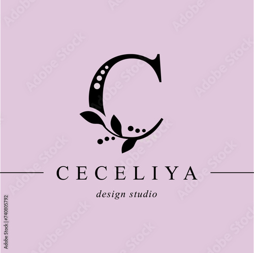 Logo, capital letter C. Monogram of Botanical Minimalistic, Initial. with Organic Plant Elements. Vector design. for tattoo studio