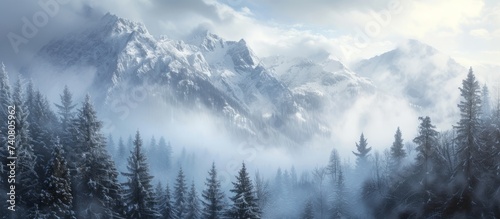 Majestic snow-capped mountain with a backdrop of dense pine trees and fluffy clouds