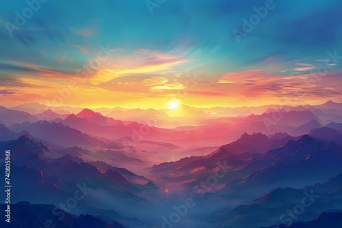 Vibrant sunset over mountains casting warm hues across the sky and land. Concept Mountains, Sunset, Vibrant Colors, Nature, Landscape