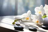 Black basalt stones for spa treatments with white orchid flowers on a light background. Playground AI platform