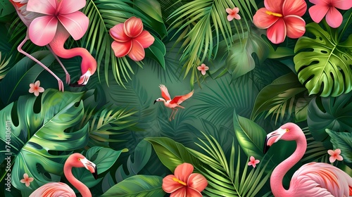 llustration of tropical wallpaper design with exotic leaves and flowers. Hummingbird and flamingos. Paper texture background. Seamless texture. photo