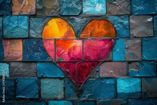 A red heart is a symbol of love, drawn on the background of a blue and brown brick wall. Valentine's Day. The 14th of February. Mock up. Copy space. photo