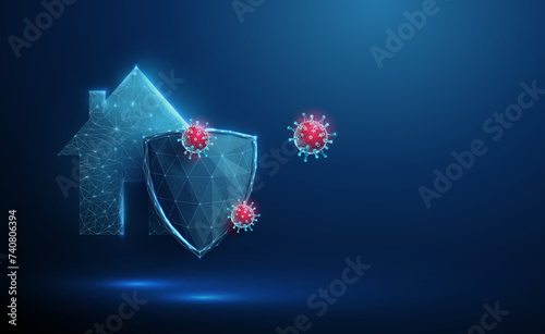 Abstract house icon behind blue futuristic guard shield attacked by red viruses. Protection concept. Low poly style photo