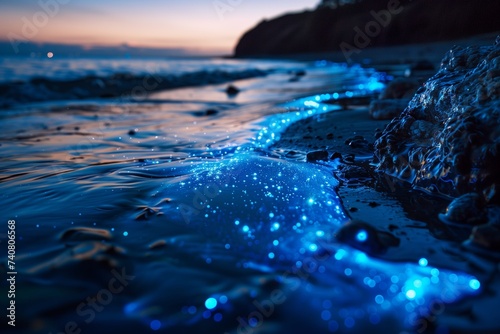 bioluminescent algae on a beach at night