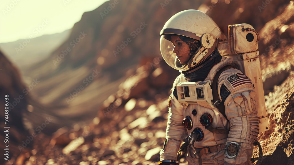 American Woman astronaut wearing a space suit walking of the Mars ...