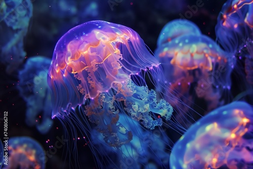 glowing bioluminescent jellyfish in the sea © StockUp