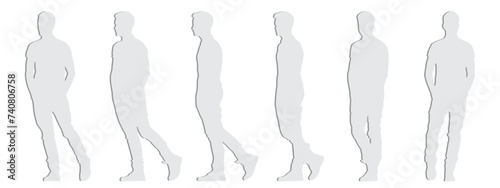 Vector concept conceptual  gray paper cut silhouette of an young man walking from different perspectives isolated on white. A metaphor for casual, fashion, relaxation, leisure and lifestyle