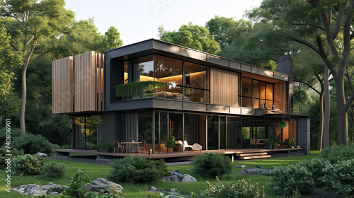 exterior of a modern house in the woods. wooden forest house surrounded by trees © Rangga Bimantara