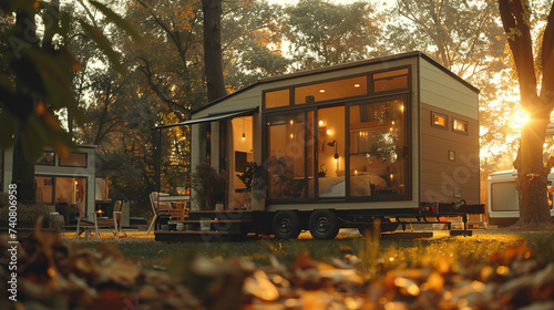 A modern tiny house on wheels, capturing the essence of minimalist living, the sunlight streaming through the large windows and highlighting the simplicity of its design.