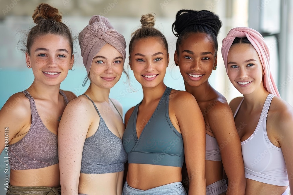 A group of joyful women showcase their unique style and confidence, flashing bright smiles while posing in trendy swimwear and fashionable accessories, highlighting their natural beauty and strength 