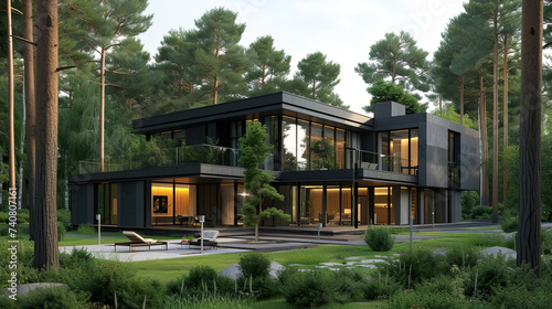 exterior of a modern house in the woods. wooden forest house surrounded by trees © Rangga Bimantara