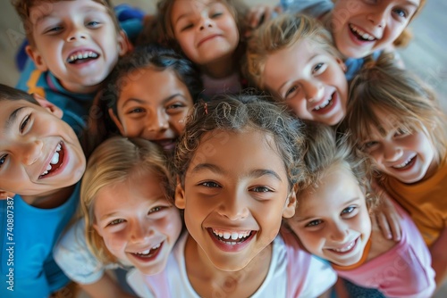 A joyful social group of children, with beaming smiles and toothy grins, pose happily together indoors, showcasing the beauty of youth, friendship, and the human face