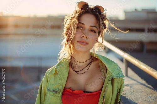 A stylish lady with long brown hair poses confidently in a fashionable dress, her sunglasses perched atop her head as she stands against the backdrop of a bright blue sky and the ground below, captur photo