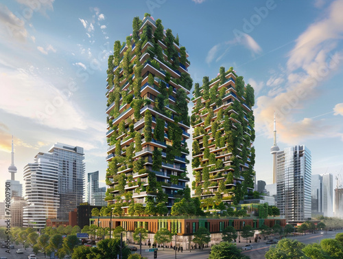 Downtown reimagined with vertical gardens where skyscrapers host a variety of plants and trees enhancing biodiversity photo