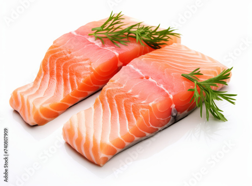 Raw salmon fish on white background, top view. Healthy food.