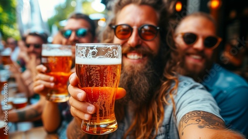 glass of beer in hand, group of happy friends drinking and toasting beer photo