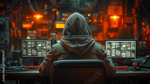 hacker front of his computer Place Has Dark Atmosphere And have Multiple Displays