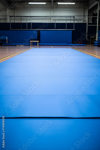 Professional Large Blue Gymnastics Mat in a Well-Lit Spacious Gymnasium - Setting the Scene for Safety and Precision © Essie