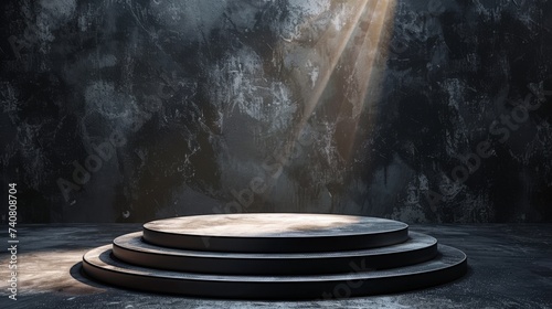 A round metal podium in a room with grunge textures on the walls, creating a dramatic and industrial atmosphere for product display.