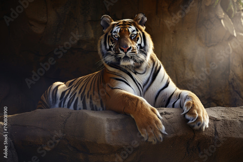 Tiger Perched on a Rocky Ledge in Golden Light