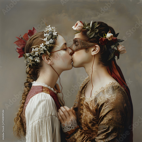 Two young women in medieval clothes, adorned with floral crowns, kissing each other. Retro style. (ID: 740809586)