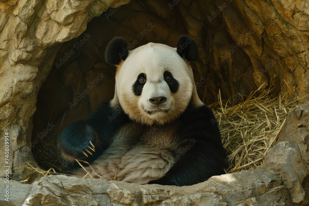 Giant panda resting in a cave with a serene expression, surrounded by natural rocky habitat.