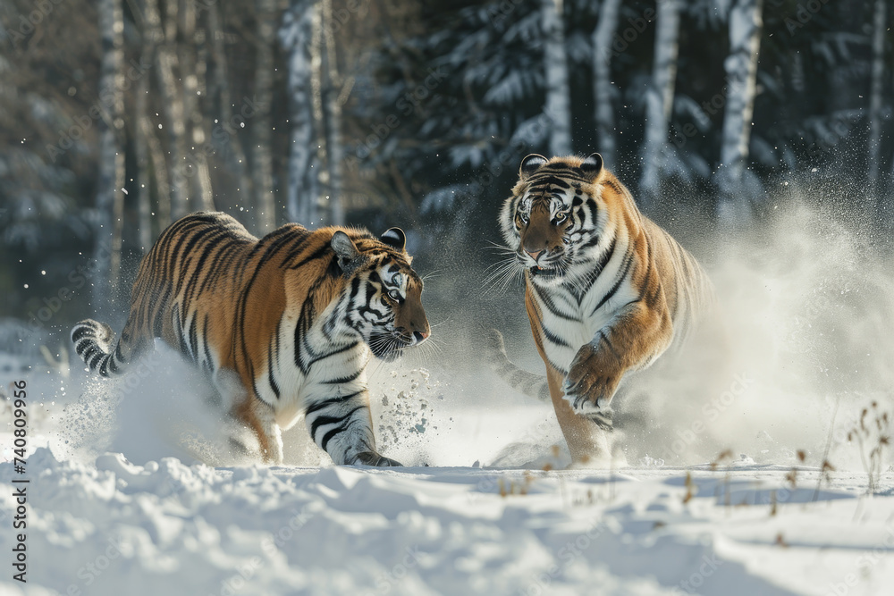 Two Siberian tigers in a snowy forest, one chasing the other, with snow dust in the air.