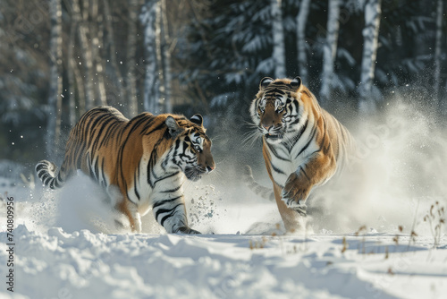 Two Siberian tigers in a snowy forest  one chasing the other  with snow dust in the air.