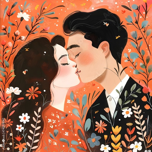 Portrait of young couple kissing on floral orange background.  (ID: 740809961)