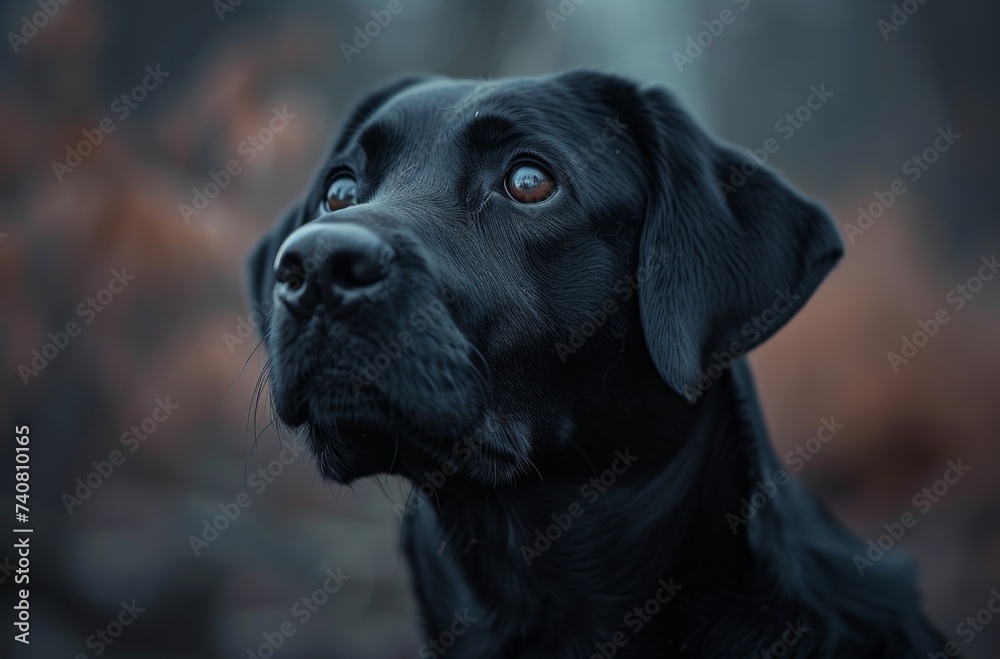 A loyal black labrador retriever gazes up with soulful eyes, embodying the quintessential companion and embodying the beauty of the outdoor world
